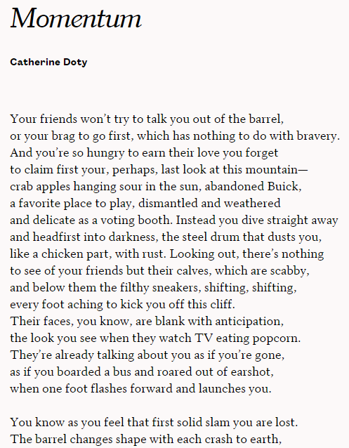 Momentum by Cat Doty. Doty was one of four poets featured at the MHS Poetry Festival. 
