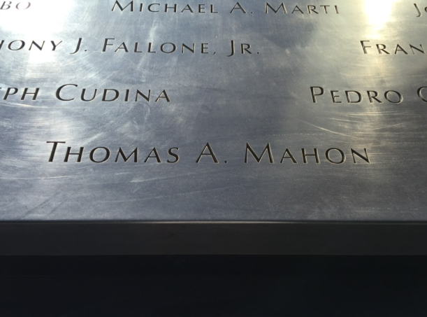 The 9/11 Memorial, with victim Thomas Mahon’s name written in his memory — Beth Mahon
