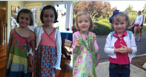 Celia Stuart and Anna Stuart on the way to their cousins High School graduation (left side). Lindsay Catchpole and Grace Garrity's first day of Pre K 3 and Pre K 4 (right side). 
