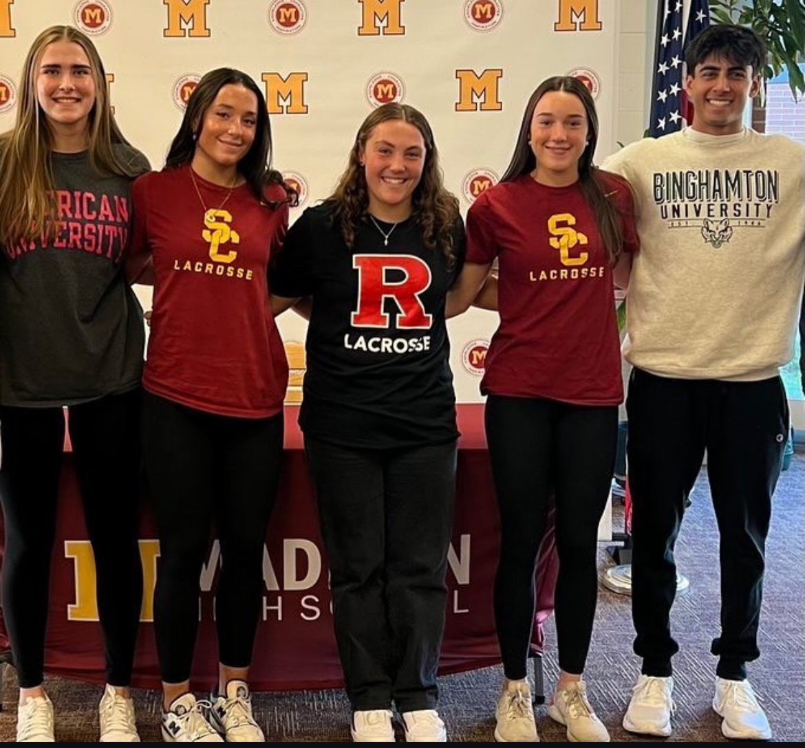 Five Madison High School Athletes on signing day. From let to right, Charlotte Tuhy, Riley Holland, Gabby Mariani, Hadley Holland, and Alex Patel. 